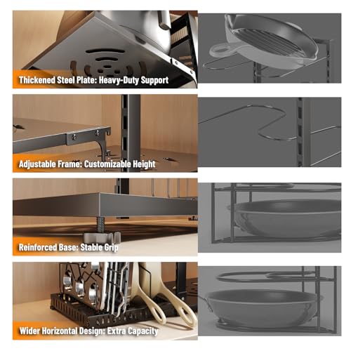 PureBox Pots and Pans Organizer Rack with Lid Holder – 8 pots, Solid Steel Shelves Heavy Duty Adjustable Under Cabinet Pot Rack, Double-Sided Cabinet Organizer, Holds 100Lbs, Black - color: Black Carbon Steel Pot Rack