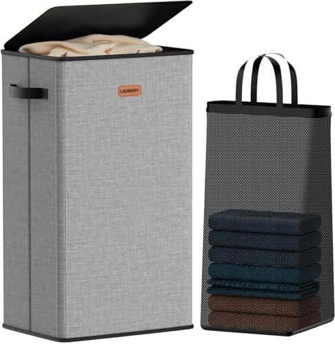 100L Laundry Hamper with Lid, Large Clothes Hampers with Removable Bag, Collapsible Laundry Basket for Bathroom, Bedroom, Laundry Room, Dorm, Grey - color: Grey, size: 100L - 1 Section