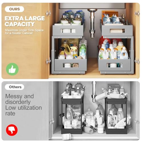 2 Packs 21IN Depth Under Sink Organizer, 2-Tier Pull Out Cabinet Organizer With Smooth Circular Rail, Large Capacity Metal Mesh Sliding Drawers For Bathroom& Kitchen Storage,Height Adjustable-Gun Gray - color: Gun Gray, size: 2 Pack-21"Dx11.6"-16.7" H