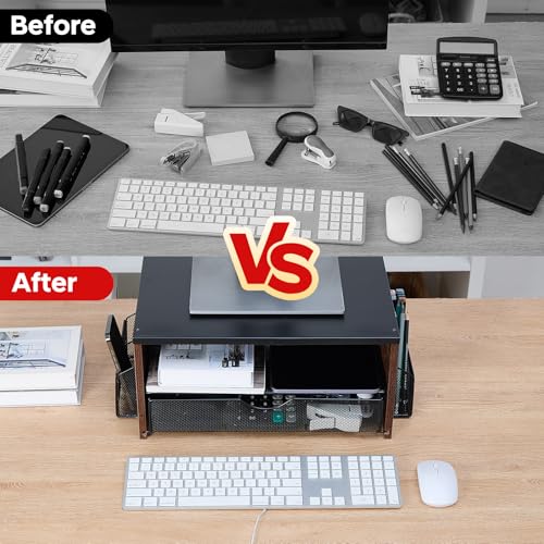 Printer Stand,Desktop Printer Stand with 2-Tier Storage Shelves for Home Office，Desk Organizer with Drawer and 2 Pen Holders for Fax Machine Scanner Files