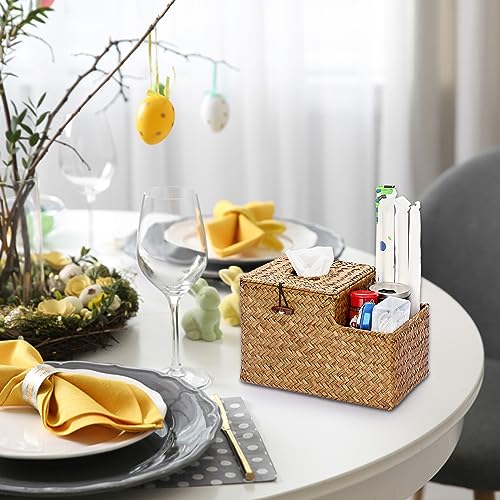 Sumnacon Square Woven Tissue Box Cover - Decorative Cube Tissue Box with Side Organizer, Rustic Seagrass Tissue Holder for Living Room Vanity Night Stand Table Countertop Office,Caramel - color: Caramel