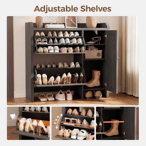 Mericonia Shoe Cabinet Storage for Entryway with 2 Flip Drawers(3-Tier), Rattan Freestanding with Door & 3 Adjustable Shelve,Hidden Shoe Rack Organizer for Hallway, Foyer - color: Black, size: Flip Drawers 2 & Door 1