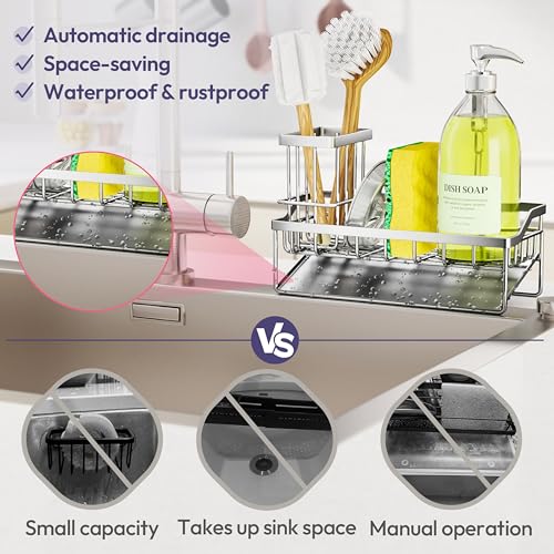 SWTYMIKI Sink Caddy Sponge Holder - Kitchen Sink Organizer with Stainless Steel Self Drain Tray & High Brush Holder for Countertop to Hold Dish Soaps and Sponges, Stainless Steel, Silver - color: Silver-Slope Drain, size: Medium