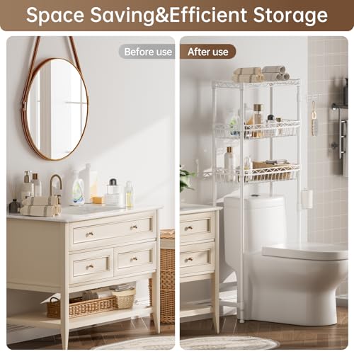 Golpart 3-Tier Over-The-Toilet Storage Shelf,Heavy-Duty Adjustable Bathroom Rack with 2 Mesh Baskets,Toilet Paper Holder & Hooks,Space-Saving Organizer for Bathroom,10”D x 24”W x 66”H,White - size: White with Baskets-10"D x 24"W x 66"H