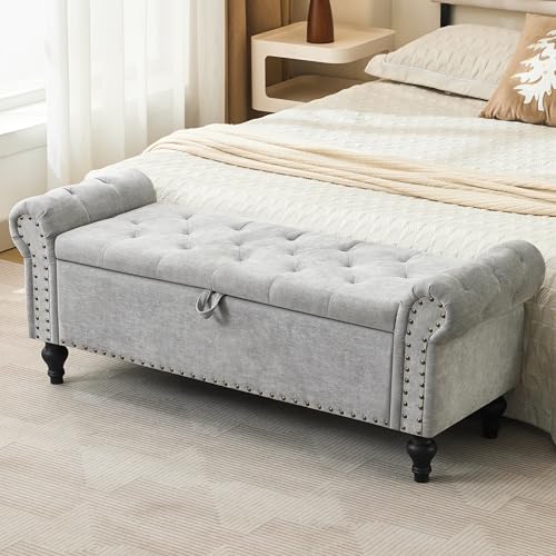 51" Storage Ottoman Bench, End of Bed Bench for Bedroom, Window Benches for Foot of Bed, Chenille Upholstered Benches, Storage Ottomans for Living Room, Entryway, Light Gray - color: Lightgray