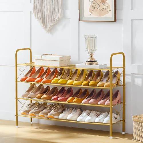 Hoctieon 4 Tier Mesh Style Shoe Rack, Entryway Shoe Shelf, Shoe Storage Organizer, Shoe Rack for Closet, Space Save for Bathroom, Garage, Hallway, Bedroom, Living Room, Gold - color: Gold, size: 4 Tier