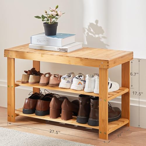 Pipishell 3 Tier Bamboo Shoe Rack Bench - Sturdy Shoe Organizer Holds up to 300lbs for Entryway, Bedroom, Living Room, Balcony - color: Bamboo
