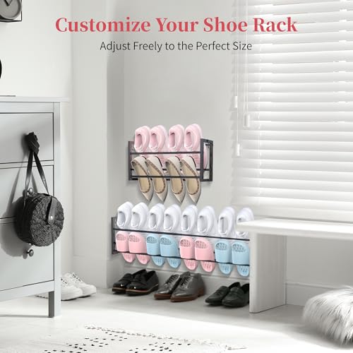 3 Pack Wall Mounted Shoe Rack for Narrow Spaces, Hanging Shoe Rack Holds 24 Pairs, 17"-30"Adjustable Heavy Duty Wall Shoe Storage with 6 Storage Hooks, Space Saving for Closet Entryway Door, Black - color: Black, size: 3 Pack