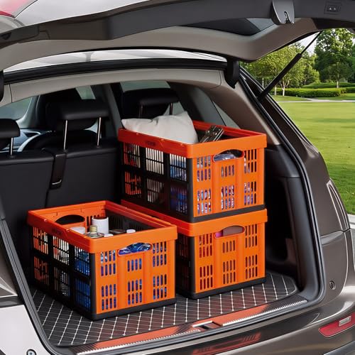 VEVOR Plastic Collapsible Storage Bins, 45L 6 Packs, Stackable Folding Storage Crates with Handles, Holds 33 lbs Per Bin, Foldable Heavy Duty Containers, Space-Saving Baskets, for Home Organizing - size: 45L-Orange-6PC