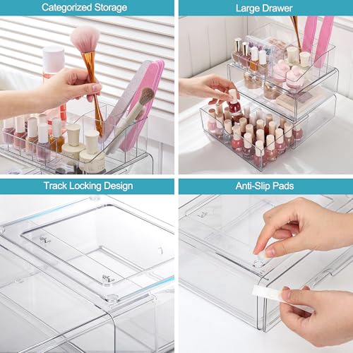 Vtopmart 3 Tier Clear Makeup Organizer with Drawer, Cosmetic Storage for Dresser Countertop and Bathroom Vanity, Beauty Holder for Lipstick Brush Skincare - style: 3 Tier