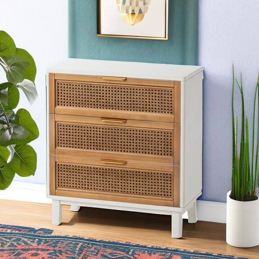 COZAYH Farmhouse 3-Drawer Nightstand, Rattan Cane Front Accent Dresser with Brass Pull, Distressed White - color: Distressed White, style: 3 Drawer/1 pack