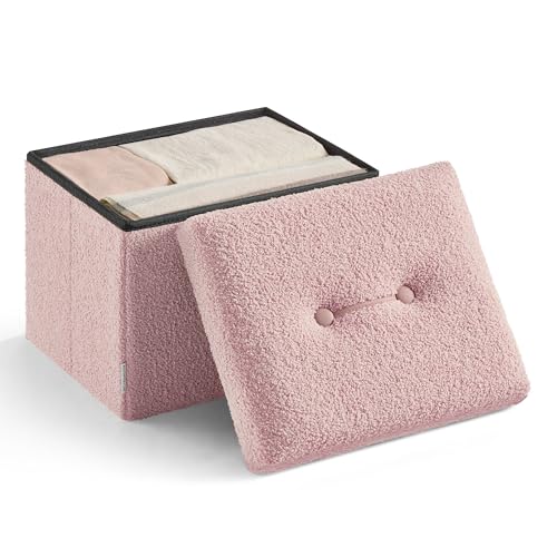 SONGMICS Small Folding Storage Ottoman, Foot Rest Stool, 12.2 x 16.1 x 12.2 Inches, Ottoman with Storage, Load up to 286 lb, for Living Room, Bedroom, Dorm, Jelly Pink ULSF094R01 - color: Jelly Pink, style: Teddy Fleece