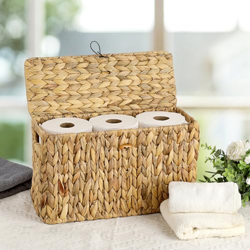 Sumnacon Toilet Paper Basket, Wicker Water Hyacinth Toilet Paper Holder with Handles and Lid, Holds Up to 6 Mega Rolls, Decorative Farmhouse Woven Bathroom Accessories Toilet Tissues Organizer, Large - size: Large