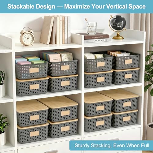Bagnizer 4 Pack Plastic Storage Bins with Bamboo Lids, 6.2qt Stackable Storage Organizer Box with Lable for Pantry Shelves Drawers Desktop Office, 12"L x 8.5"W x 3.5"H, Gray - color: Gray, size: Shallow- 4 Pack