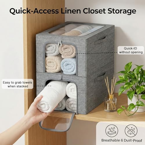 GoMaihe Clothes Storage Bins Metal Frame: 6-Pack Compact Stackable Closet Storage Bin with Lid & Clear Window, Space Saving Organizer for Sweaters Kids Clothing (Dorm/Closet 27L) - color: 6, size: 27L