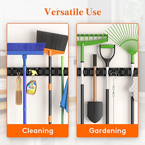 Lifewit Mop and Broom Holder Wall Mount, Anti-Slip Broom Hanger for Cleaning Supplies Organizer, Easy Install Tool Hanging Rack for Closet, Kitchen, Garage, 5 Slot 6 Hooks, Hold 30lbs, Black, 1 Pack - color: Black