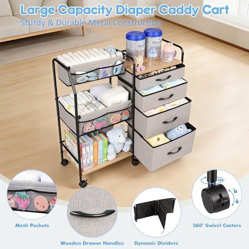 Fabuday Baby Diaper Caddy Organizer Cart - 4 Tier Rolling Diaper Cart with Wheels, Baby Essentials Organizers and Storage, Mobile Utility Carts for Bedside, Crib Nursury, Bedroom, Changing Table