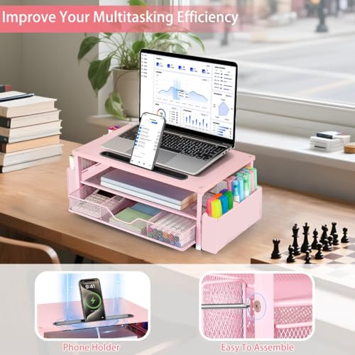 AUPSEN Pink Desk Organizers and Accessories, 2-Tier Wood Computer Monitor Stand with Drawer, Pen Storage & Phone Holder, Office Desk Accessories, Workspace Desktop Organization for Office Supplies - color: Pink Wood