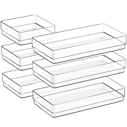 SMARTAKE 6 PCS Clear Plastic Drawer Organizers Set, Large Size Non-Slip Desk Drawer Organizer, 2-Size Versatile Bathroom and Vanity Drawer Organizer Trays for Makeup, Bedroom, Office, Kitchen Utensils - style: 3 Pcs12" x 6" x 2" + 3 Pcs 6" x 6" x 2"
