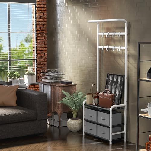 Simple Houseware Space-Saving Coat Rack with Storage Shelf, Black Freestanding Hall Tree Organizer with Hooks for Entryway, Bedroom, Office, Coats, Hats, Jackets, Scarves - White - color: White
