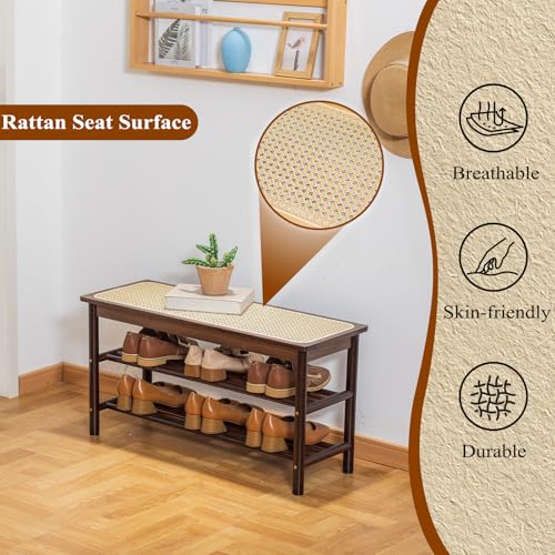 Bamboo Entryway Bench with Woven Rattan Seat, 2-Tier Shoe Storage Bench for Hallway & Entryway 31.5 inches Walnut - color: Walnut, size: 31.5 inch