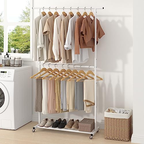 Sywhitta Double Rod Clothing Garment Rack, Rolling Coat Hanger with Bottom Mesh, Clothing Rack for Hanging Clothes, Coats, Skirts, Sweaters, White - color: White, size: With mesh