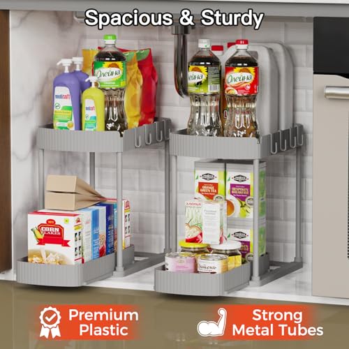Ukeetap 2 Pack Multi-Purpose Pull-Out Storage Organizers, Under Sink Organizers and Storage for Bathroom & Kitchen, Under Cabinet Organizers and storage, 12.8 Inch, Grey - color: Gray, size: 12.8 Inch