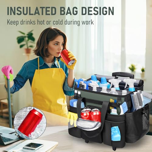 Ytonet Cleaning Caddy with Wheels, Extra Large Rolling Cleaning Caddy Bag with Detachable Trolley for Housekeepers, Water Resistant Cleaner Supplies Organizer with Wheels for Kitchen, Tool Organizer - color: Black Green, size: X-Large