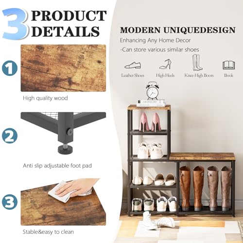 Shoe Rack Bench for Entryway,Free Standing Shoe Storage Organizer for Front Door Entrance,4-Tier Boot Rack Holder Shelf for Closet with Seat,Sturdy Shoe Shelves for High Heels(Brown) - size: 4 Tier