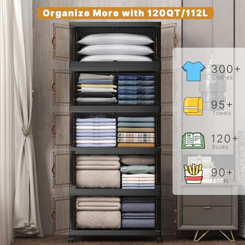 UAMFURI Extra Large Stackable Storage Bins with Lids & Wheels, 600QT-120QT/30GAL*5Pack Foldable Collapsible Closet Organizers Storage Cabinet with Doors for Bedroom Dorm - color: Black, size: 5PACK-25"W16"D72"H