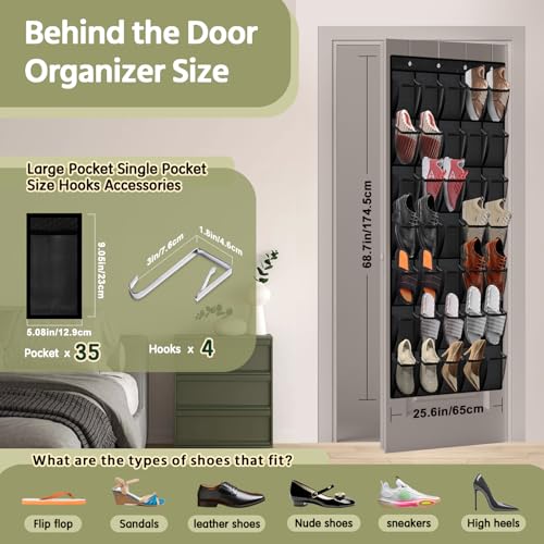 PAULONE 35 Pocket Over the Door Shoe Organizer,Reusable Breathable Large Mesh Bag Men's & Women's Sneaker Organizer,Shoe Organizer for Kids,Hanging Shoe Storage Hanging Bag (Black) - color: Black