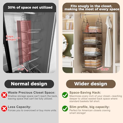 4" Extra Deeper Hanging Closet Organizers and Storage,4 Tier Foldable Wire Cabinet Shelves with 5 S Hooks,Small Metal Basket Bins for Clothes Sweaters Handbags, Wardrobe for Kitchen Laundry Room，Black - color: Black, size: 4-Tier