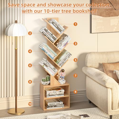 SHEEPAM 10 Tier Tree Bookshelf,Christmas Green Bookcase for Narrow Space, Storage Organizer Floor Standing Bookshelves for Books, Tall Book Case for Home Office, Living Room, Bedroom - color: Natural, size: 10 Tier