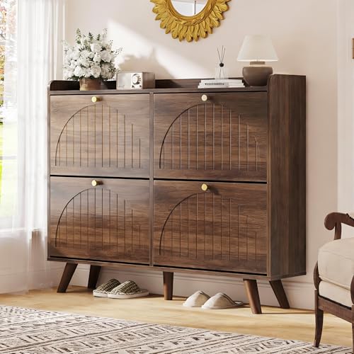 Decofy 47.2” Shoe Cabinet with 4 flip-Down Drawers, Three Adjustable Levels, freestanding Wooden Shoe Rack, Suitable for entryway, Hallway, and Living Room (Walnut) - size: 4 Flip-Down