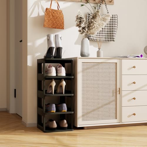 SEE SPRING 5-Tier Stackable Shoe Rack Organizer – Plastic Shoe Storage Shelf for Entryway, Closet, Bedroom – Holds Size 13 Shoes, Space-Saving & Sturdy (Black) - color: Black