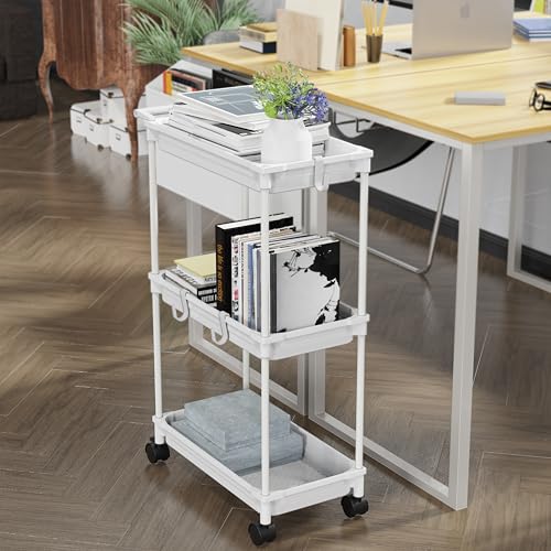 SimpleHouseware Standard 3-Tier Slim Rolling Storage Cart, White - color: White