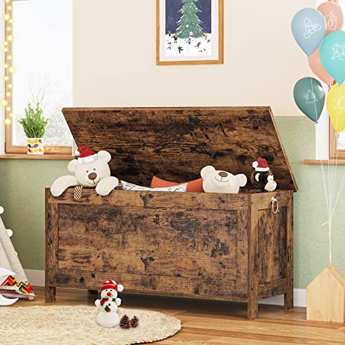 HOOBRO Toy Box, Retro Wooden Look Storage Chest with Safety Hinge, Entryway Storage Bench Supports 220 lb, 39.4 x 15.7 x 18.9 Inches Toy Chest Organizer, Easy Assembly (Rustic Brown) BF100CW01 - color: Rustic Brown, size: 39.4x15.7x18.9 Inch