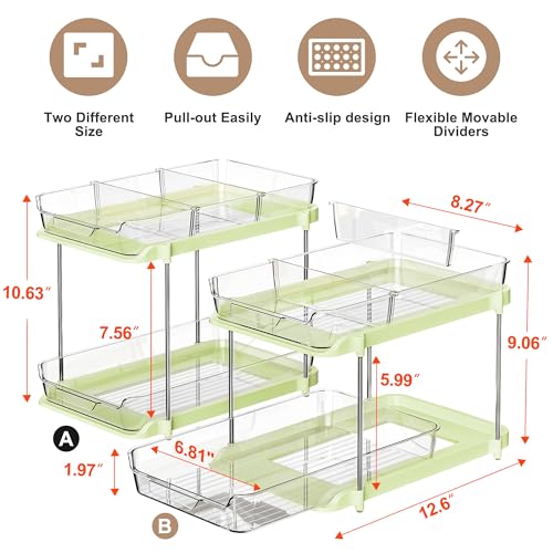 Delamu 2-Tier Multi-Purpose Bathroom Under Sink Organizers and Storage, Stackable Kitchen Pantry Organization, Pull Out Medicine Cabinet Organizer with Movable Dividers, Green, 2 Pack - color: Green, size: 2 Pack