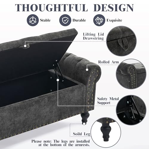 51" Storage Ottoman Bench, End of Bed Bench for Bedroom, Chenille Upholstered Benches for Foot of Bed, Window Benches, Storage Ottomans for Living Room, Entryway, Dark Gray - color: Darkgray