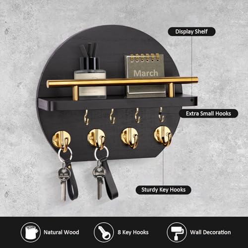 Nekon Key Holder for Wall - 9.8 Inch Apartment Wall Decor with Shelf and 8 Key Hooks, Circular Wood Key Hanger for Home Decor (Black with Golden Hooks) - color: Black&Gold