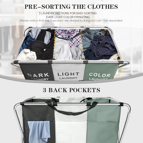 Nicesail Laundry Hamper 3 Section with Waterproof Oxford Bag, Stainless Steel Frame and Back Pocket, Clothes Hampers for Laundry Room Organization and Storage for Home Dormitory Print Dark Light Color
