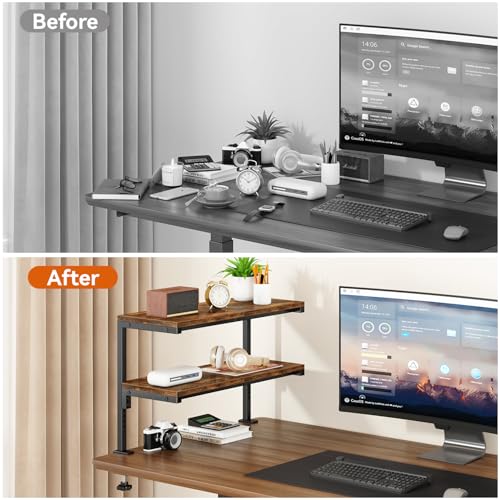 IBUYKE Clamp on Desk Shelf, 22.8” Large Desk Extender Shelves,Tool-Free Flexible Repositioning and Adjustable 2-Tier Storage Shelves for Desktop Accessories Below Desk TMZ010H - color: Brown