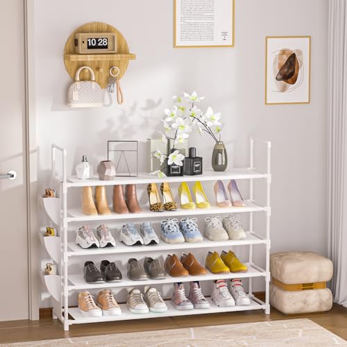 OYREL 5 Tier Shoe Organizer, 33.3in Wide x 11.2in Deep x 35.6in Tall, Black Metal and Plastic Shoe Rack with Side Bag, Holds 20-25 Pairs of Shoes - color: White, size: 5 Tier
