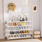 OYREL 5 Tier Shoe Organizer, 33.3in Wide x 11.2in Deep x 35.6in Tall, Black Metal and Plastic Shoe Rack with Side Bag, Holds 20-25 Pairs of Shoes - color: White, size: 5 Tier