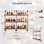 55" Modern Wall Mounted Wine Rack with LED Lights, 3-Tiers Industrial Pipe Liquor Floating Shelves, Rustic Metal Wall Wine Rack for Home, Restaurant, Commercial Bar, Kitchen Storage Display - size: 55inch/140cm