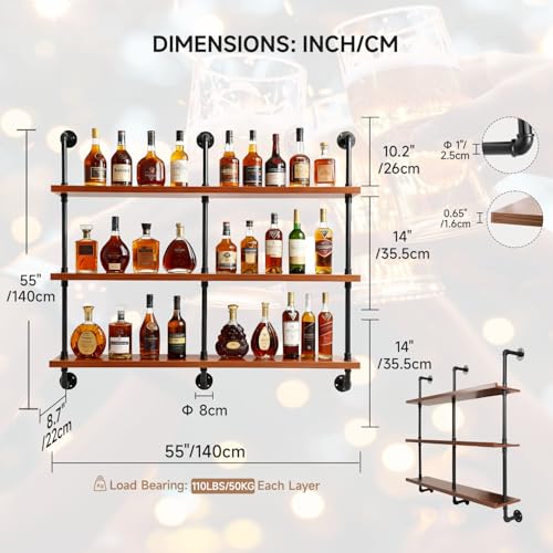 55" Modern Wall Mounted Wine Rack with LED Lights, 3-Tiers Industrial Pipe Liquor Floating Shelves, Rustic Metal Wall Wine Rack for Home, Restaurant, Commercial Bar, Kitchen Storage Display - size: 55inch/140cm