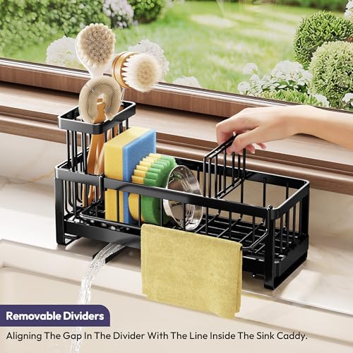 SWTYMIKI Sponge Holder for Kitchen Sink - Sink Caddy with Brush Holder Self-draining Sponge Caddy Organizer with Divider Stainless Steel Kitchen Accessories Storage for Countertop, Black - color: Black