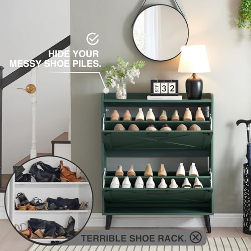 Barnyatoh Shoe Storage Cabinet,Farmhouse Shoe Organizer with 2 Flip Drawers & Barn Door Design,Freestanding Hidden Slim Narrow Shoe Rack Cabinet for Entryway,Foyer,Hallway,Green - color: Green, size: 2-Drawers