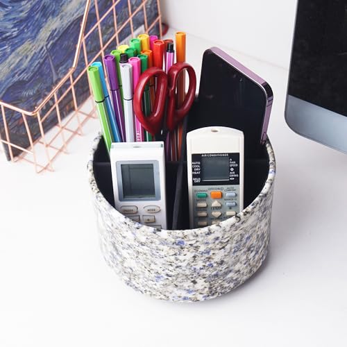 Round Leather Art Supply Organizer,Remote Control Holder,360-degree Rotating Pen Organizer with 4 Compartments(1-Marble Flower) - color: 1-Marble Flower