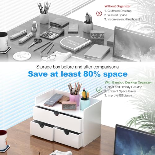 Bamboo Desk Organizer with Drawers Desktop Storage Drawers for Bills Office Supplies Kitchen Utensils Organizing Tool for Home Classroom Organization No Assembly (White with Shelf) - color: White with Shelf